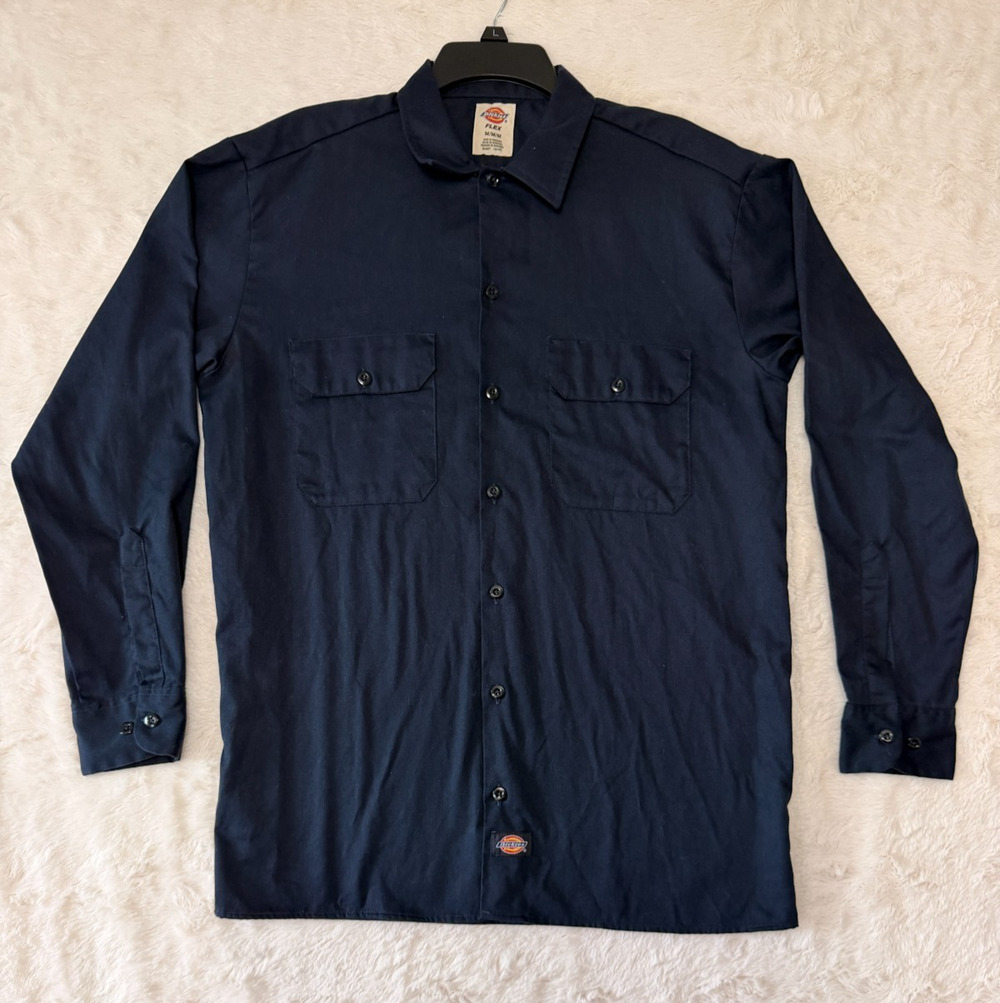 Dickies Shirt Mens Long Sleeve Work M Navy Blue Button Up Uniform Front Pockets
